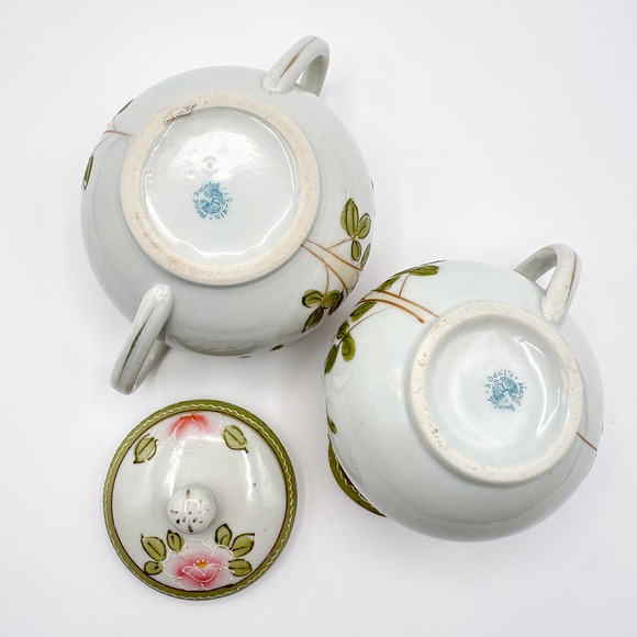 Antique Nippon Hand Painted Cream and Sugar Floral Rose w Moriage Pink Green - Picture 6 of 12